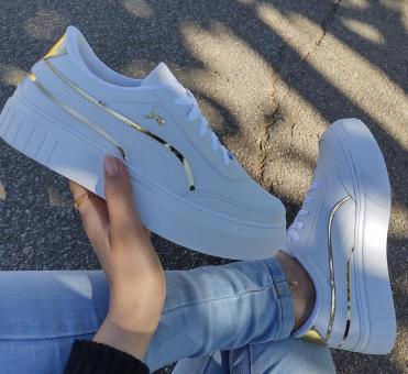 TENIS PUMA ADULTO SOLA ALTA BRANCO/OURO