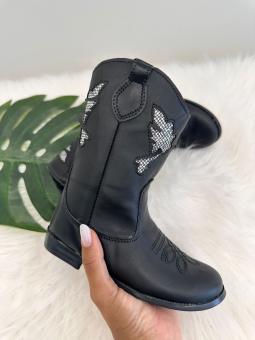 BOTA BOIADEIRA  JUVENIL PRETO/GLITER PRATA  BORDADO - Código 2630-1